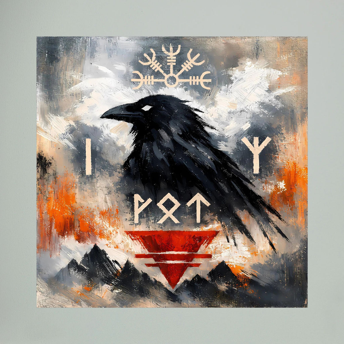 Leinwandbild mit Odins Rabe, Runen und Vegvísir