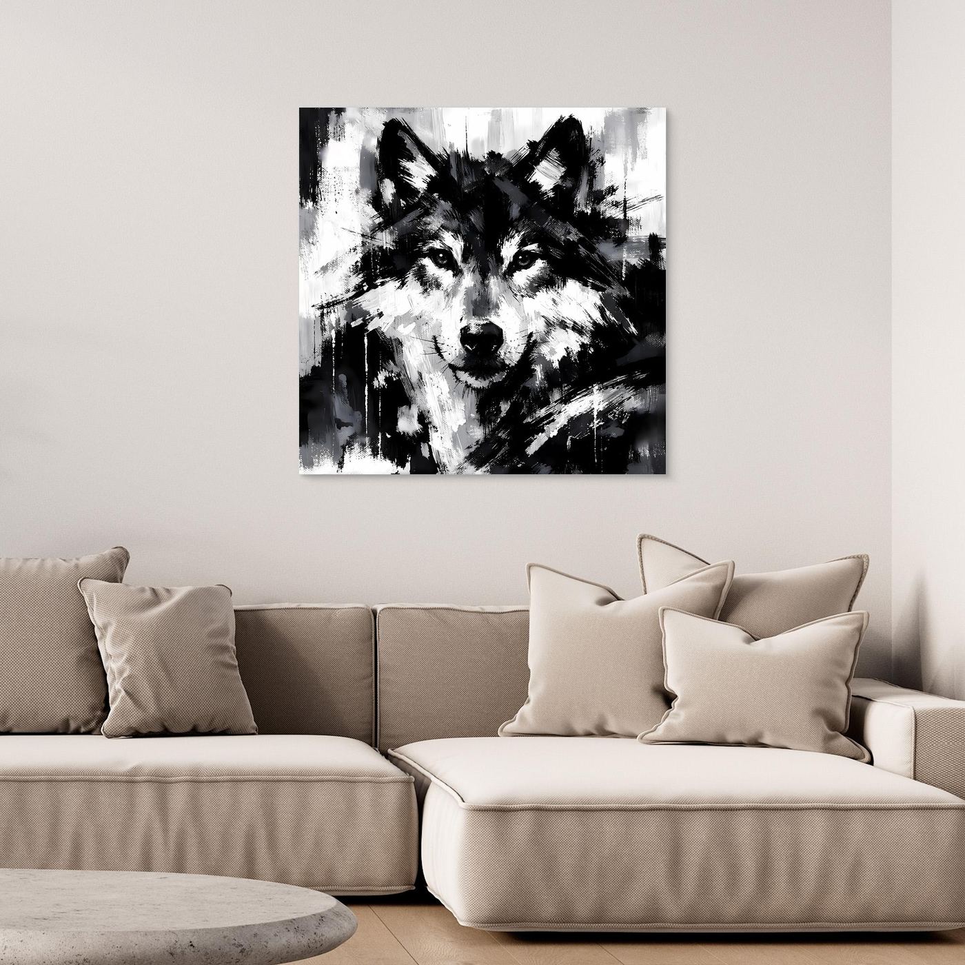 Leinwand-Wandbild mit abstraktem Wolf in Schwarzweiß, ohne Rahmen