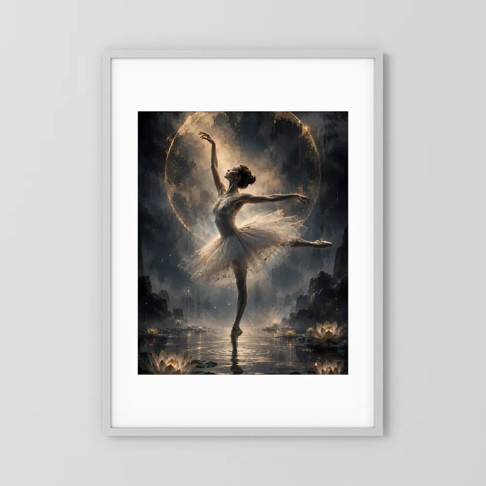 Hochformatiges Poster im weißen Rahmen: Ballerina im goldenen Licht mit rundem Lichtkreis