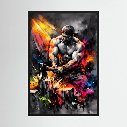 Hochformatiges Poster mit Street-Art-Holzfäller, gerahmt in schwarzem Rahmen, farbige Farbspritzer
