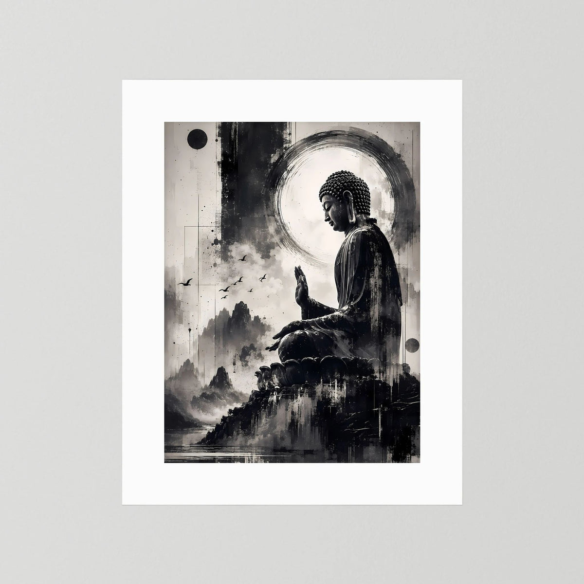 Buddha-Poster (Schwarzweiß) ohne Rahmen auf weißem Untergrund