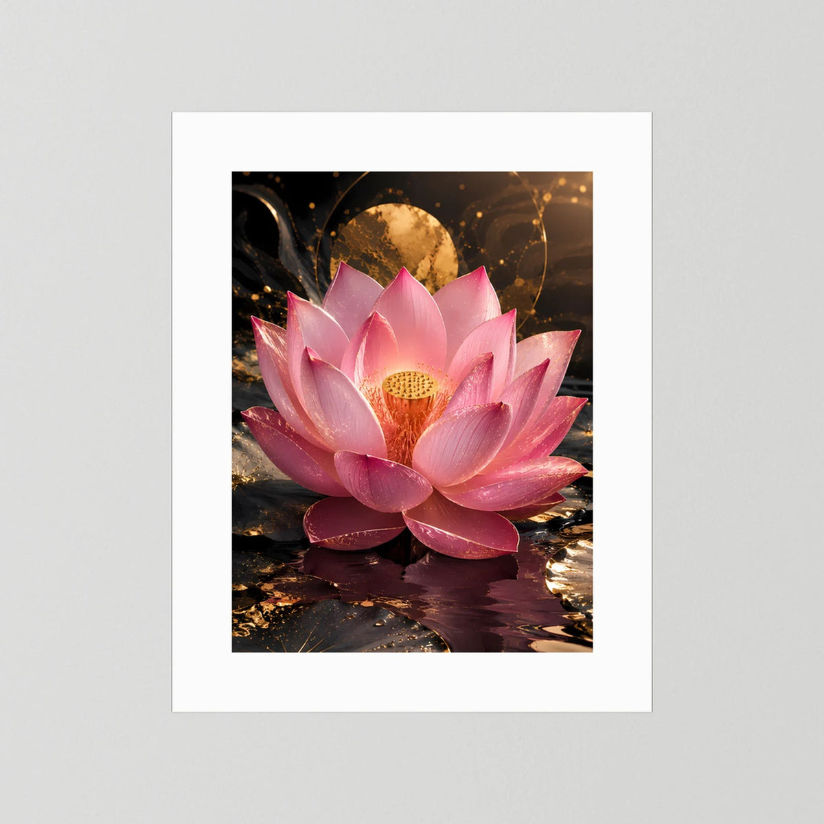 Lotusblüten-Poster im weißen Hintergrund, rosa Lotusblüte mit goldener Mitte, Hochformat