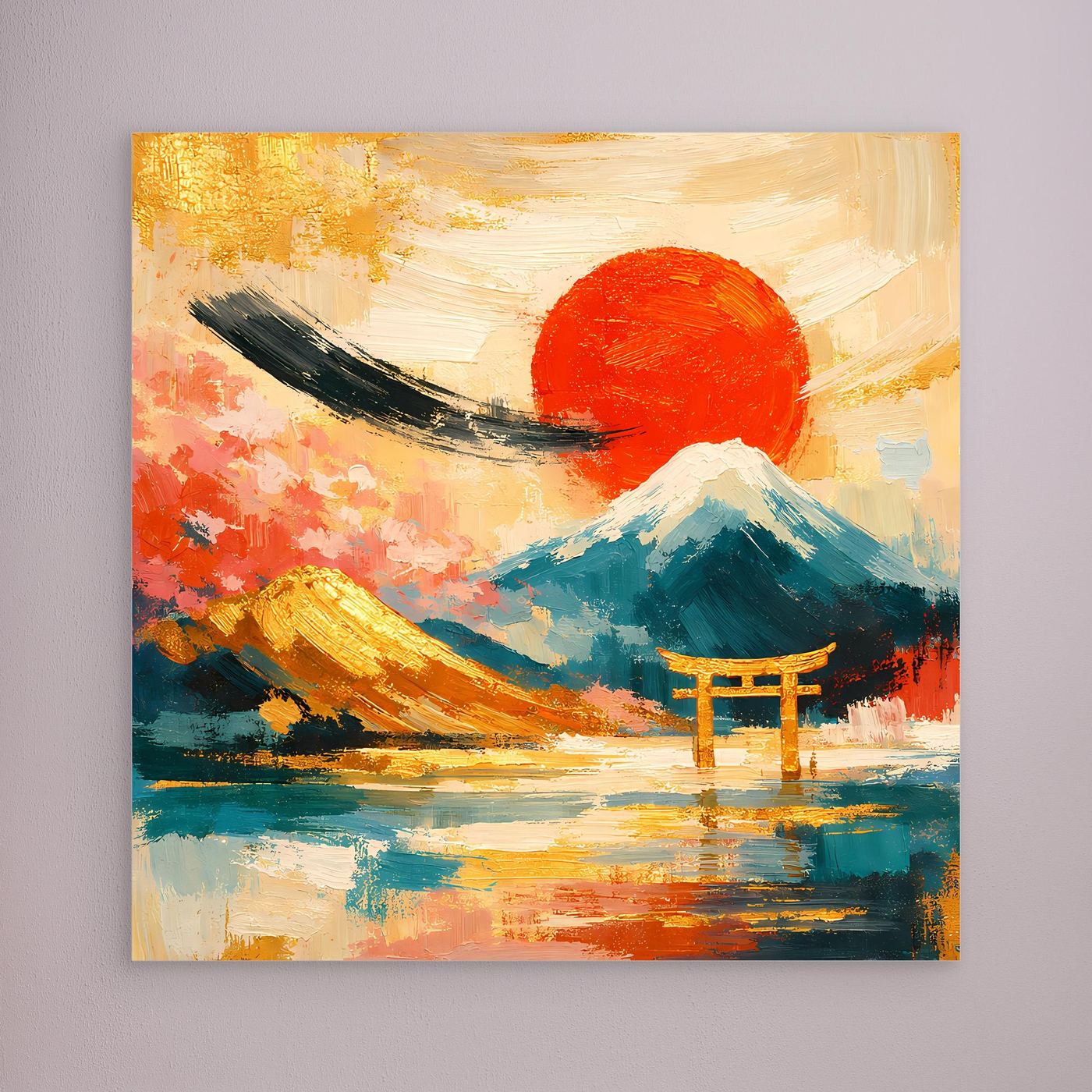 Leinwandbild mit Torii-Tor und Fuji, roter Sonnenkreis, ohne erkennbaren Rahmen