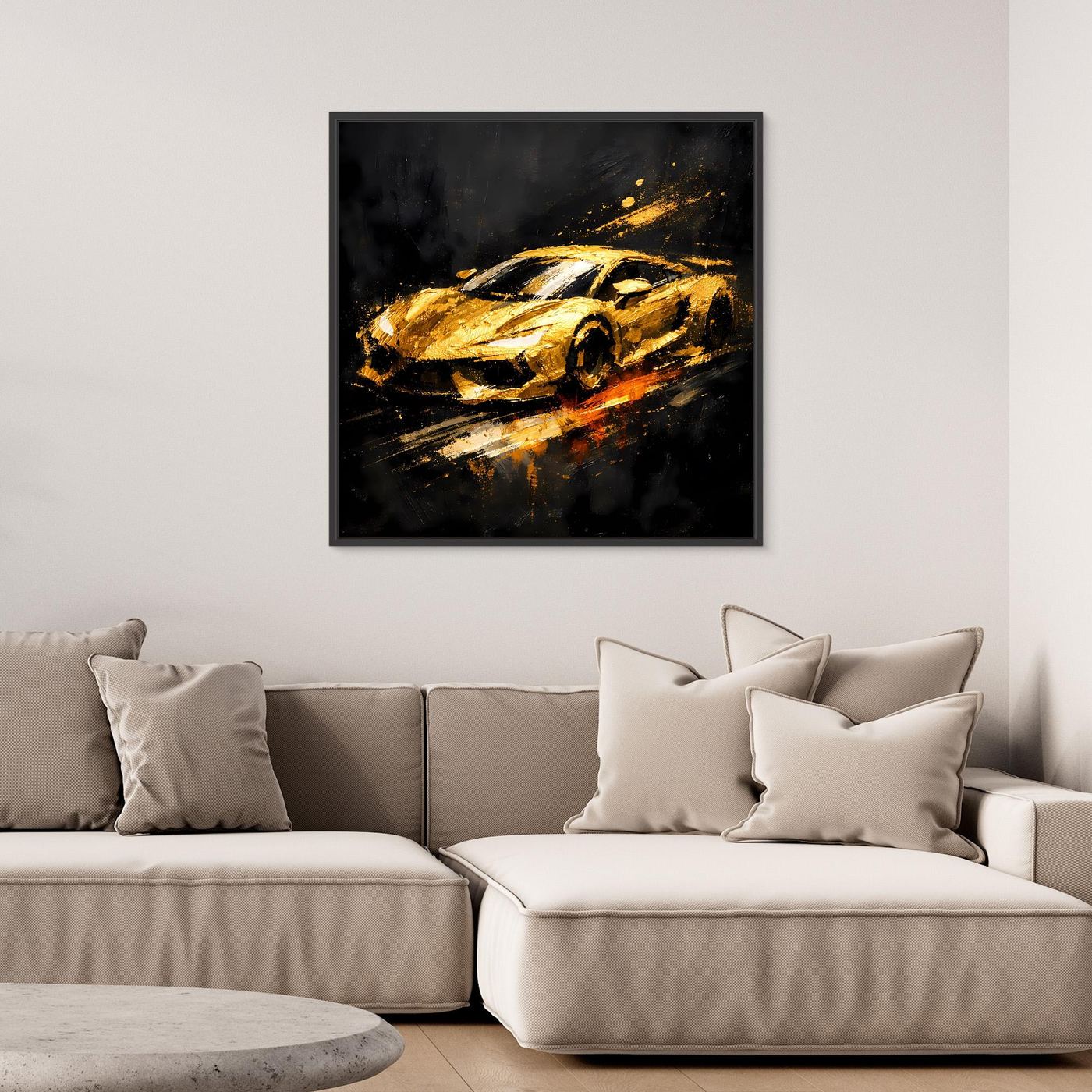 Leinwand Goldener Sportwagen Abstrakt | Modernes Rennwagen Wandbild Schwarz Gold