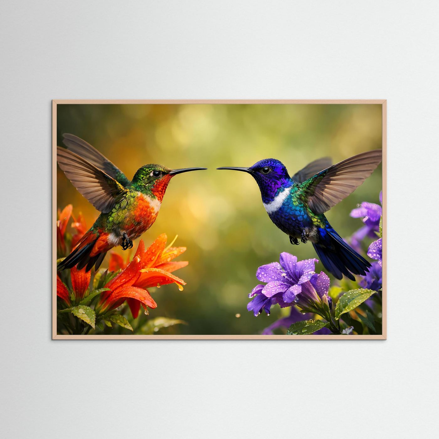 Panorama-Poster mit zwei Kolibris und Blüten, Querformat, roséfarbener Holzrahmen