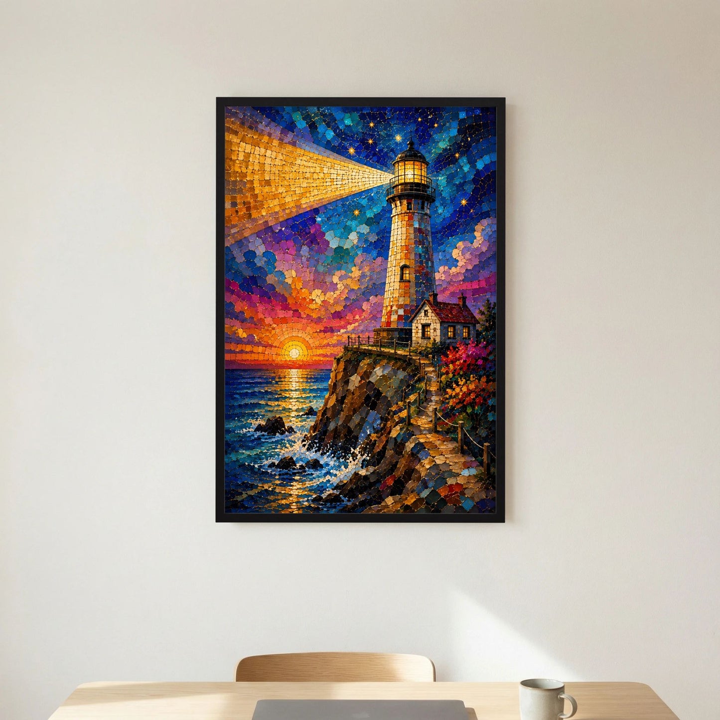 Leuchtturm im Sonnenuntergang | Farbenfrohe Mosaik Küstenkunst | Poster Hochformat