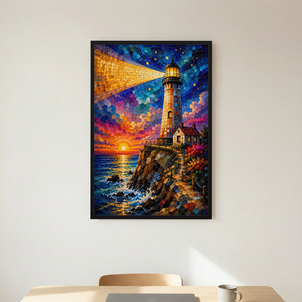 Leuchtturm im Sonnenuntergang | Farbenfrohe Mosaik Küstenkunst | Poster Hochformat