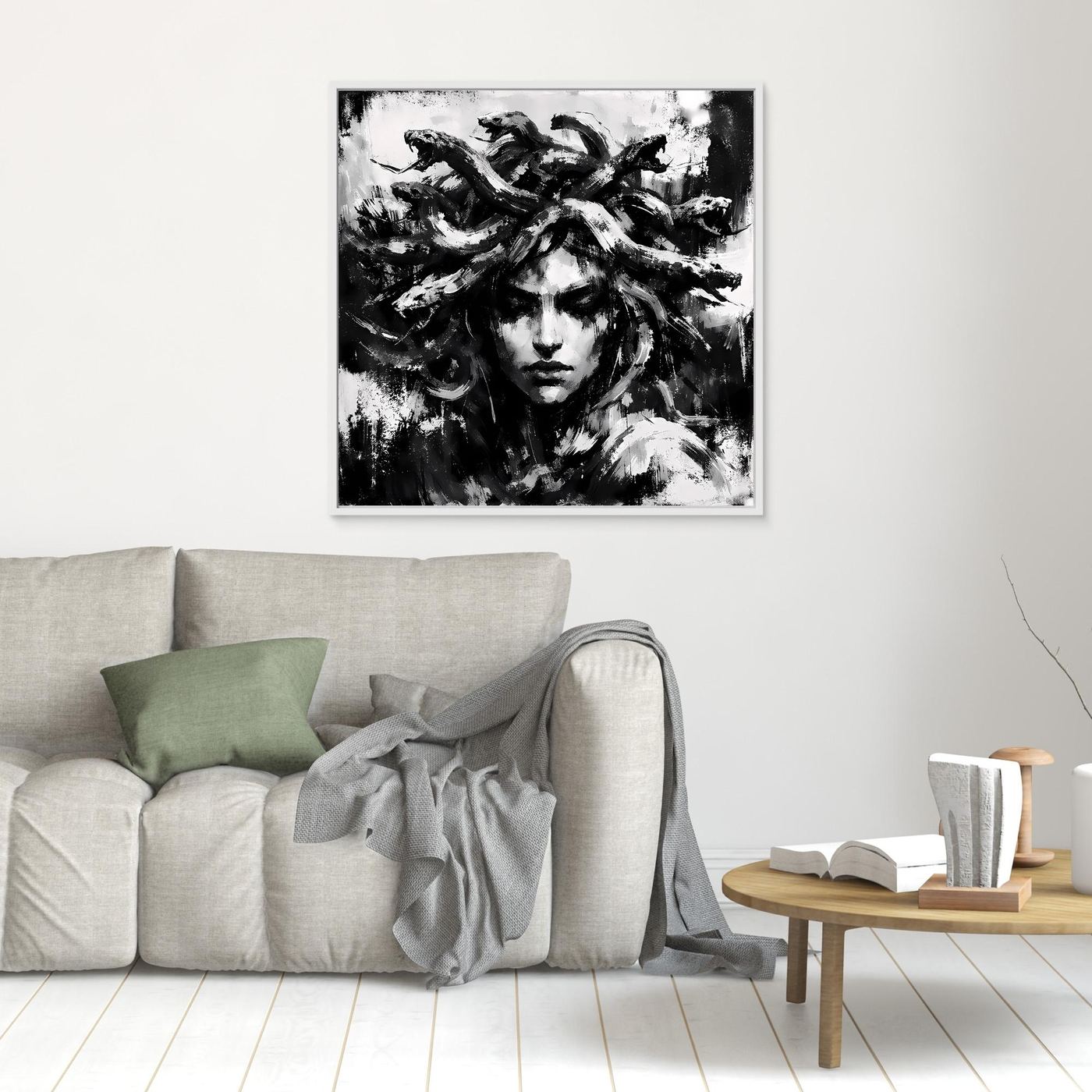 White-framed black-and-white abstract Medusa wall art with brush-stroke face