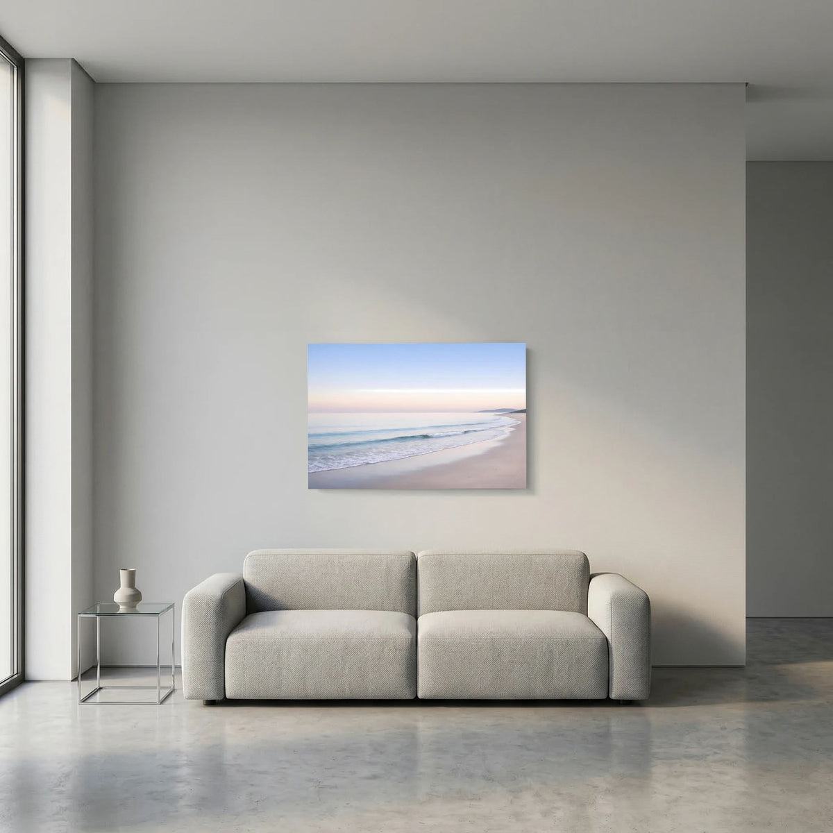 Meerstrand-Wandposter im Querformat: ruhiger Strand, pastellige Farben, Wellenverlauf