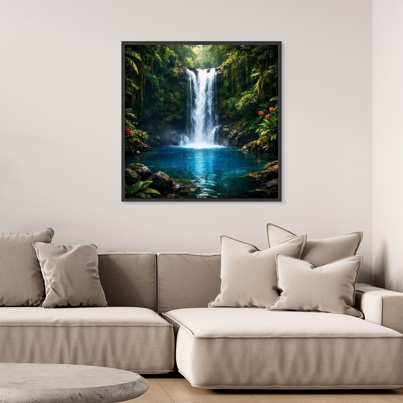 Leinwandbild mit Wasserfall im Dschungel, schwarzer Rahmen