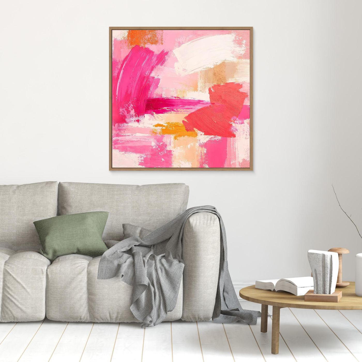 Leinwand-Wandbild mit abstrakten Pastell-Strichen in Rosa, Weiß und Beige im Eichenrahmen