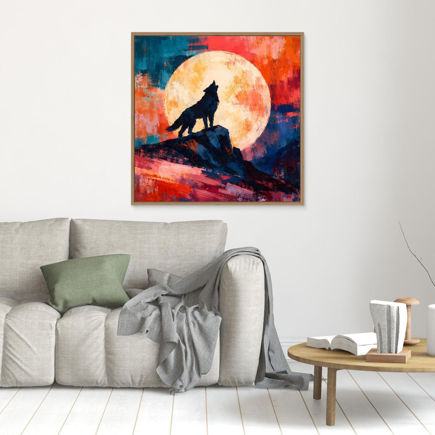 Leinwand Abstraktes Wolf Gemälde | Modernes Mystisches Wandbild Heulender Wolf Vollmond