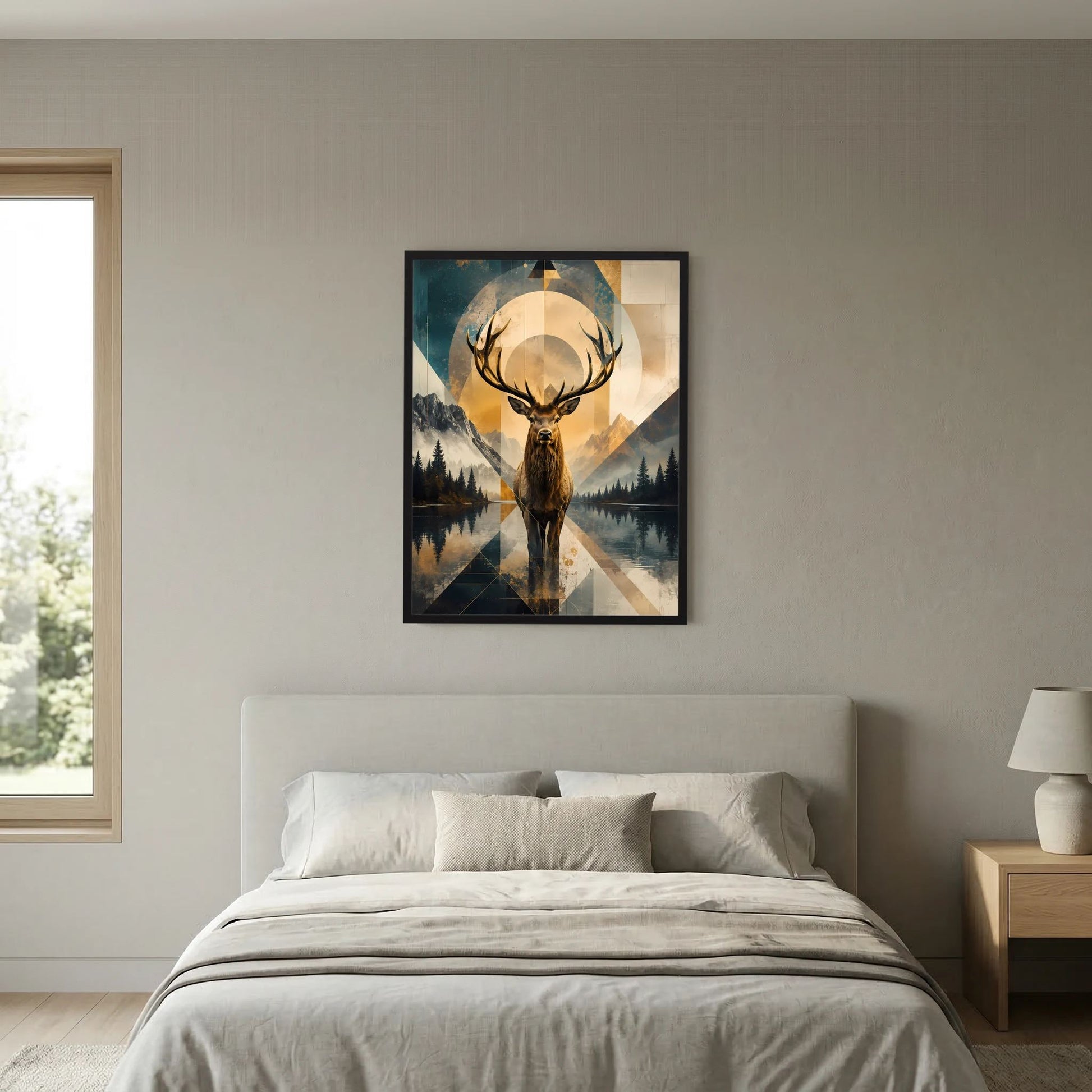 Quadratisches Hochformat-Poster mit Hirschkopf und geometrischer Berglandschaft, schwarz gerahmt