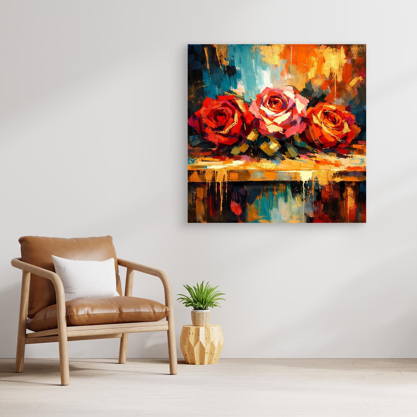 Quadratisches Leinwandbild mit abstrakten Rosen, helle Holzrahmung, rote und blaue Farbtöne