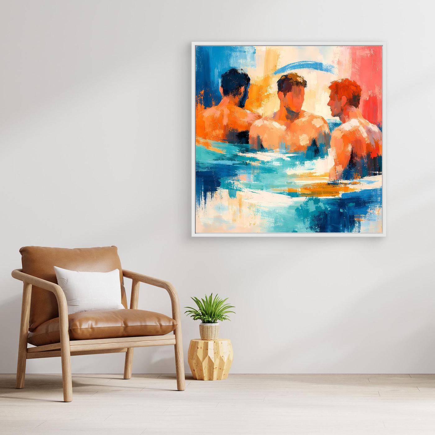 Abstract canvas wall art: three swimmers in blue and orange water, no visible frame