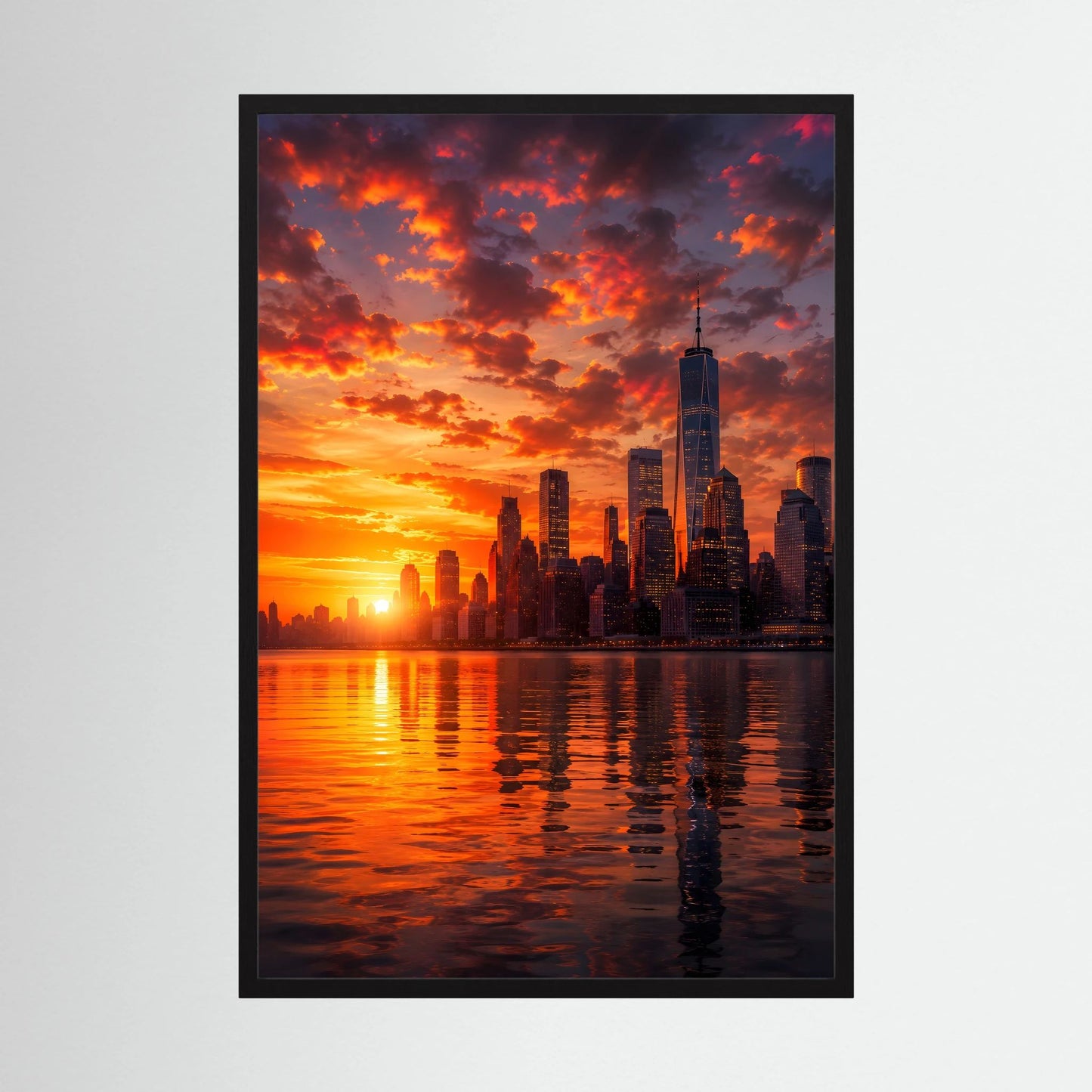 Stadtposter im Hochformat mit Skyline bei Sonnenuntergang, schwarzer Rahmen