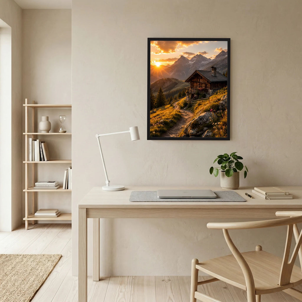 Gerahmtes Hochformat-Poster: Bergpfad zur Holzberghütte bei Sonnenuntergang