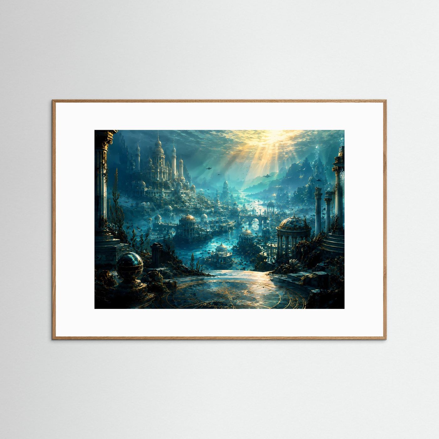 Gerahmtes Atlantis-Meer-Poster, Querformat, heller Holzrahmen, weißes Passepartout