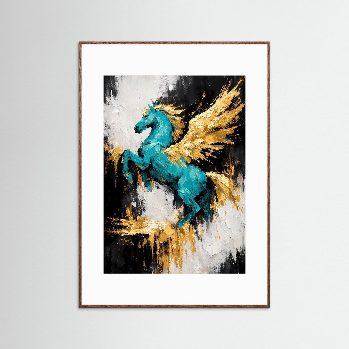 Abstraktes Eulenposter mit smaragdblauer Eule, goldgelben Strichen und braunem Holzrahmen