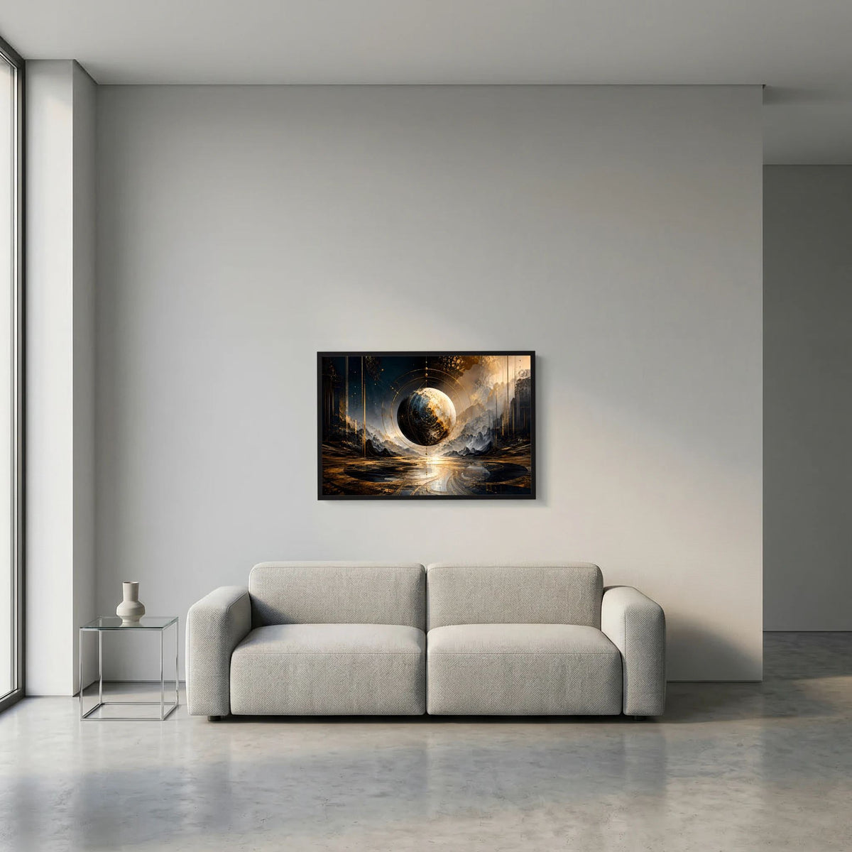 Weltkugel-Poster mit Planeten­sphäre in Gold-Schwarz, schwarzer Rahmen