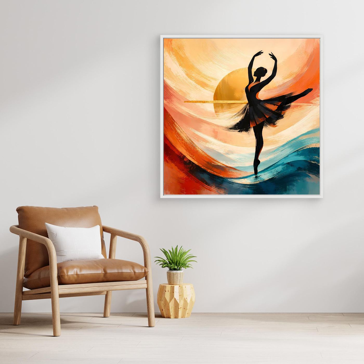 Wandbild mit schwarzer Ballerina-Silhouette und abstrakten Pinselstrichen in Orange, Gelb und Blau