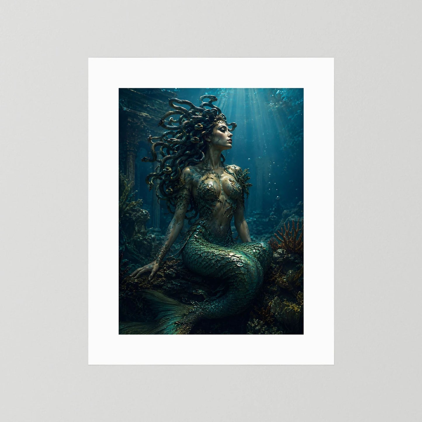 Fantasy-Poster mit Meerjungfrau in Smaragd & Türkis, Schlangenhaar, weißer Rand