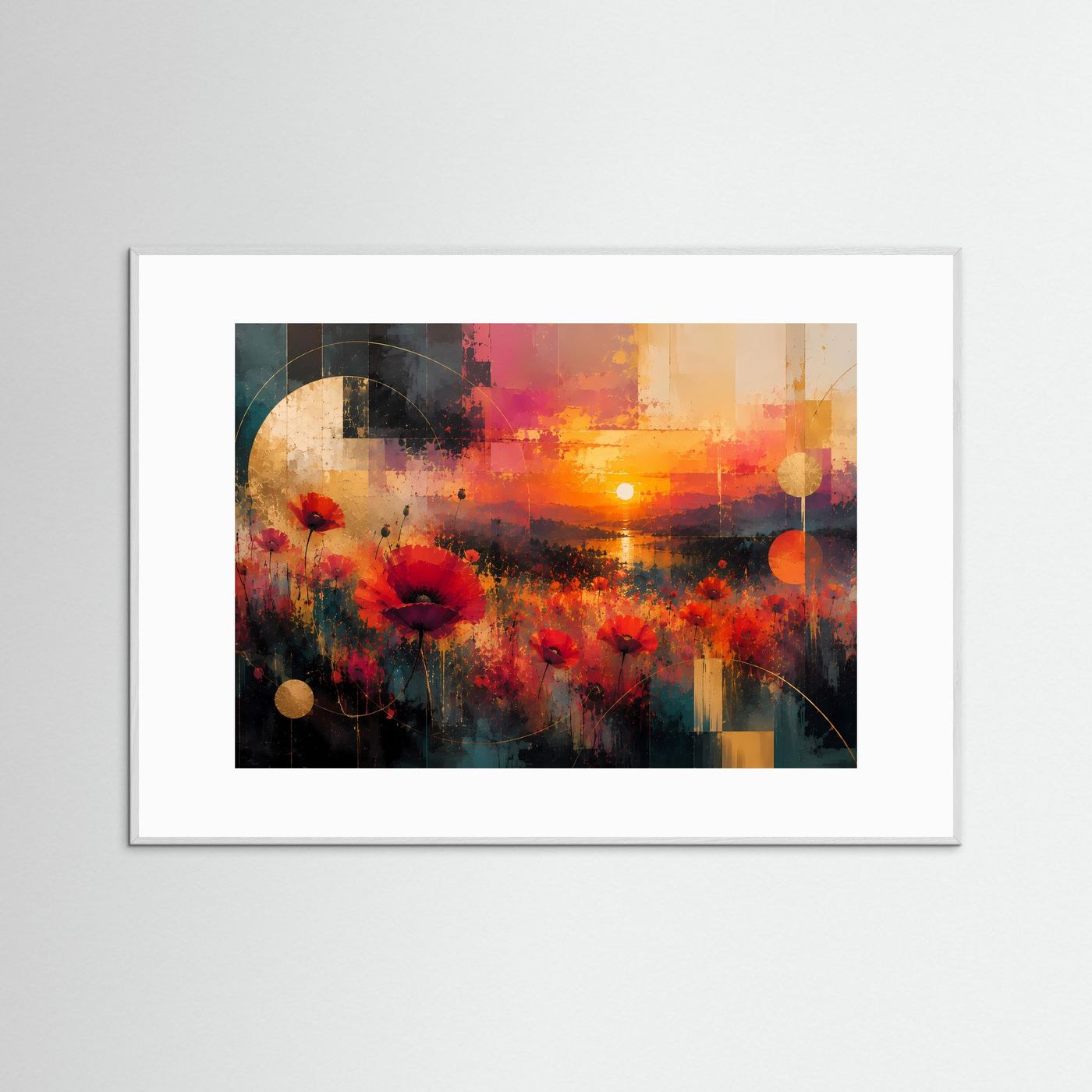 Gerahmter Kunstdruck mit abstrakten roten Mohnblumen und goldenem Sonnenuntergang im weißen Rahmen