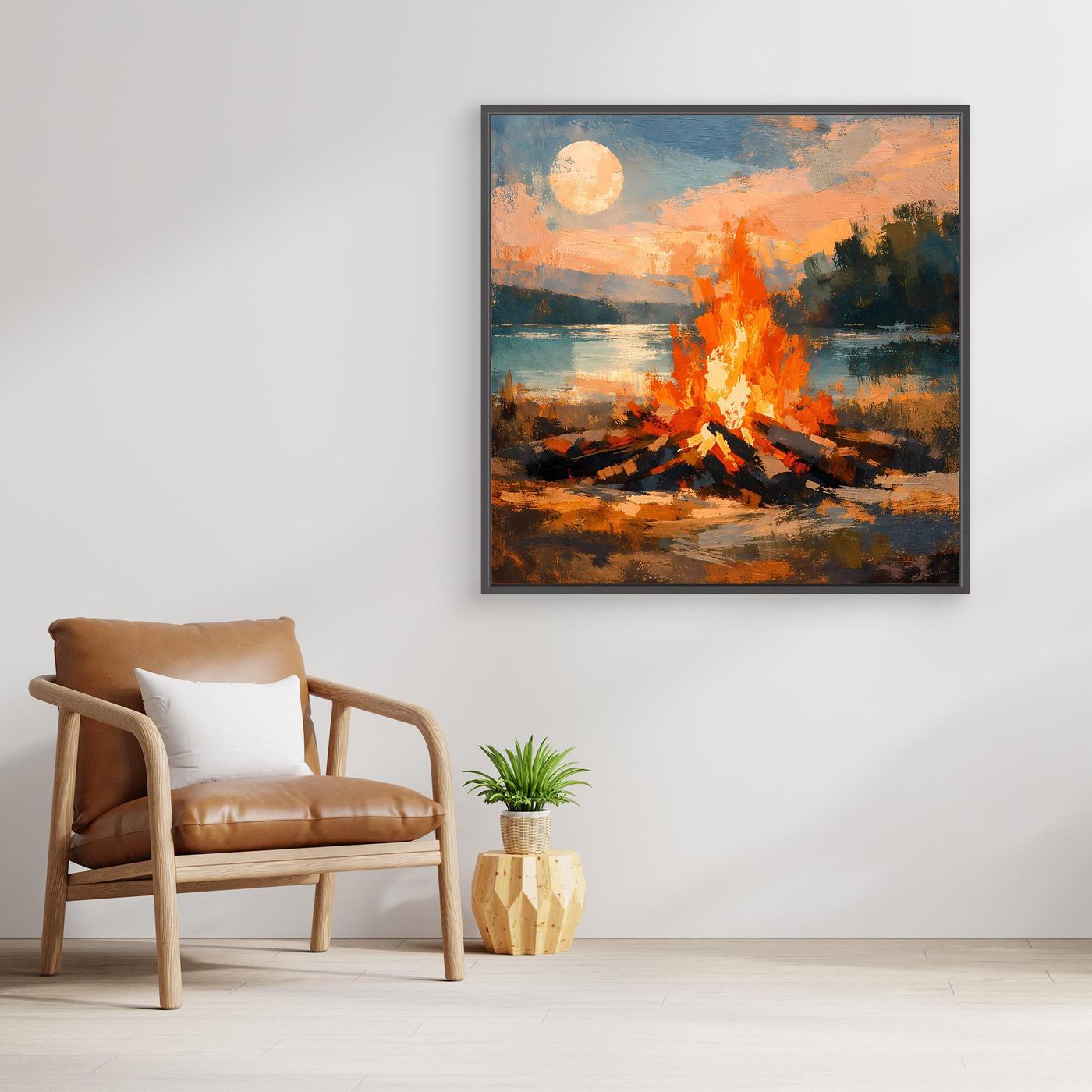 Wandbild auf Leinwand mit Lagerfeuer am See, dunkelbrauner Rahmen, orange Flammen am Ufer