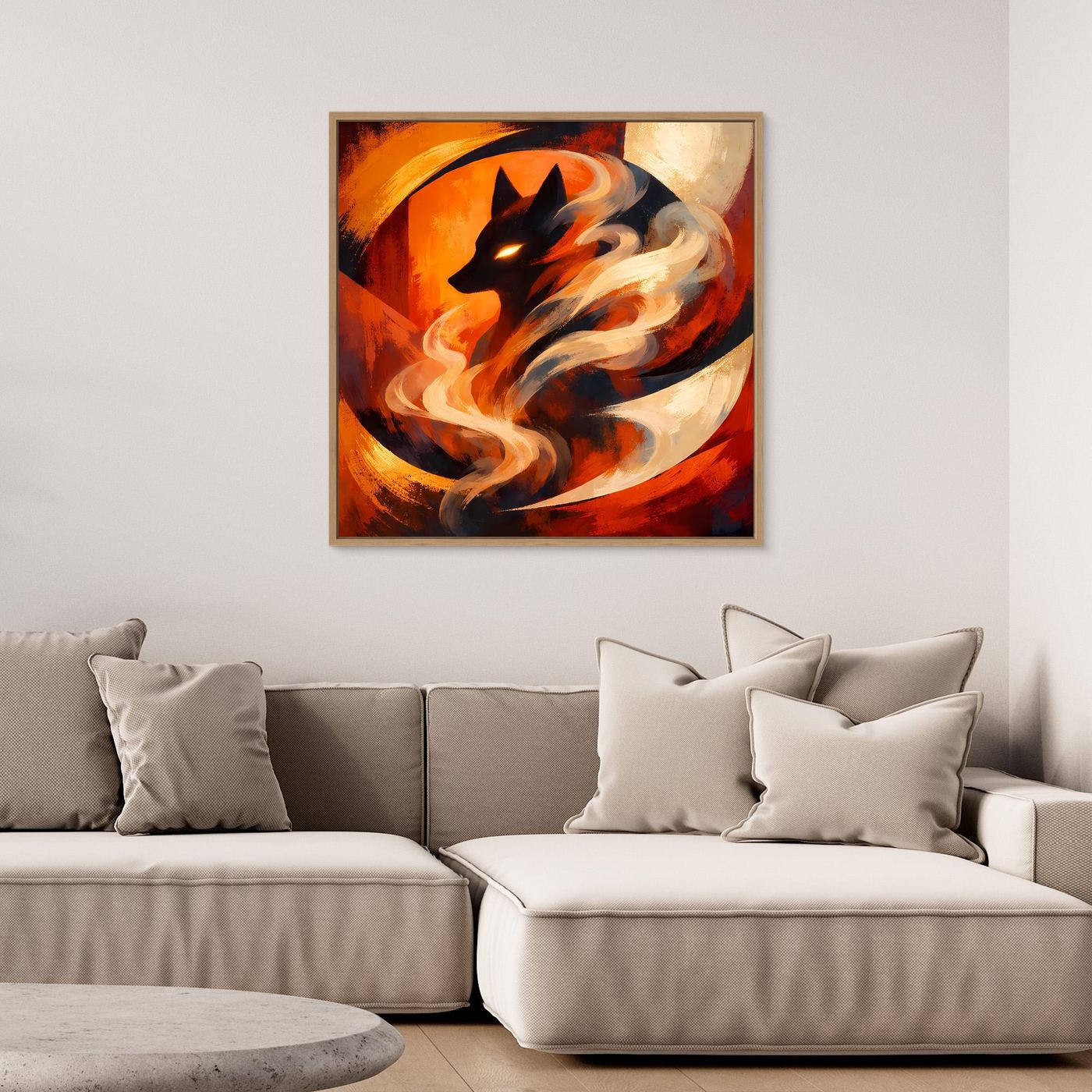 Leinwand-Wandbild mit schwarzem Rahmen: dunkler Wolf zwischen Feuer und Rauch, abstrakt