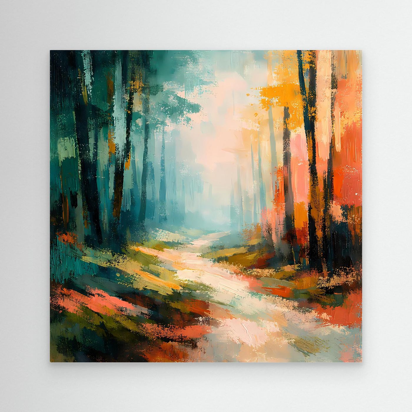 Abstraktes Leinwand-Wandbild mit Waldweg in Blau-Grün und Orange, ohne Rahmen