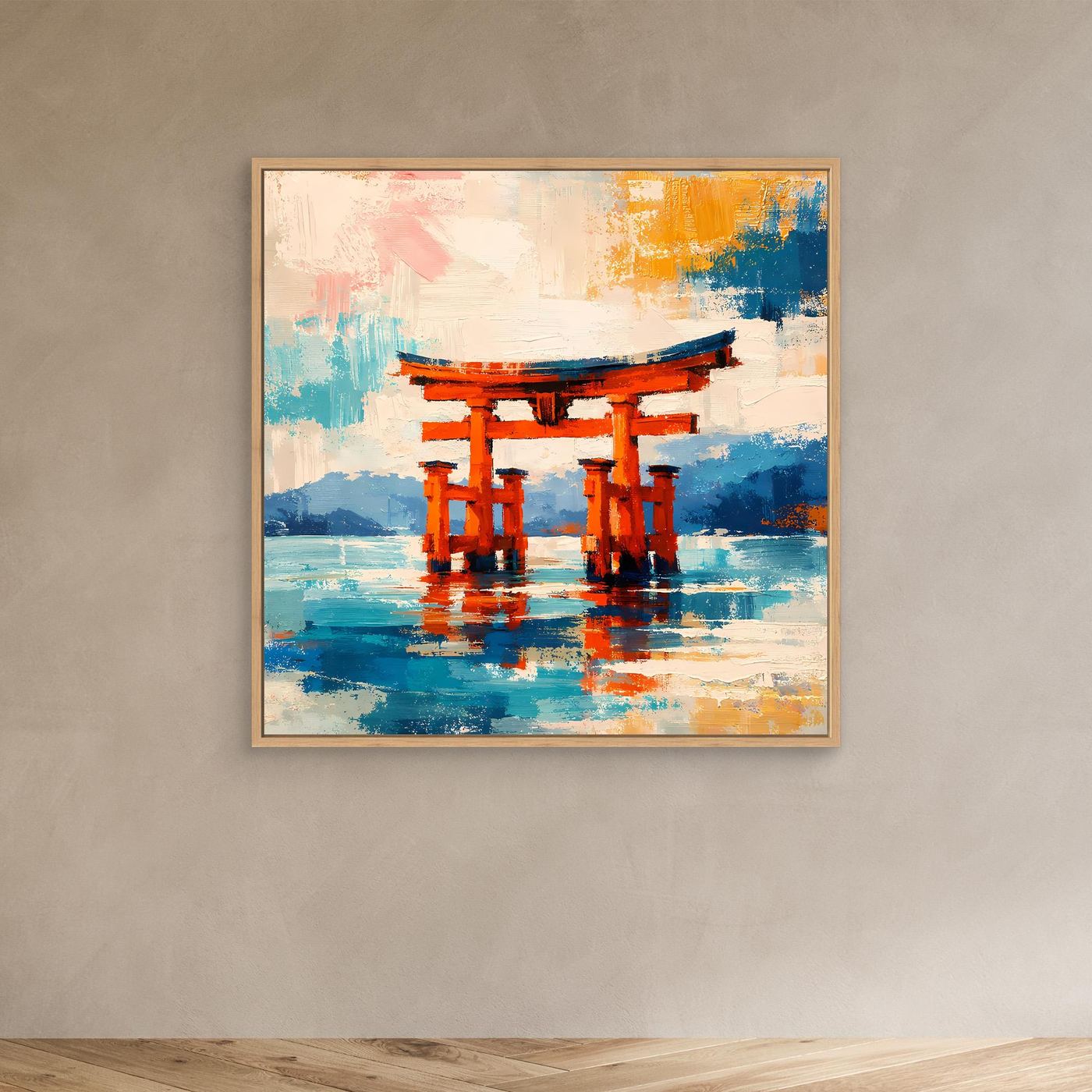 Leinwandbild Japanisches Torii-Tor im Meer | Abstraktes Kultur Wandbild auf echtem Holzkeilrahmen