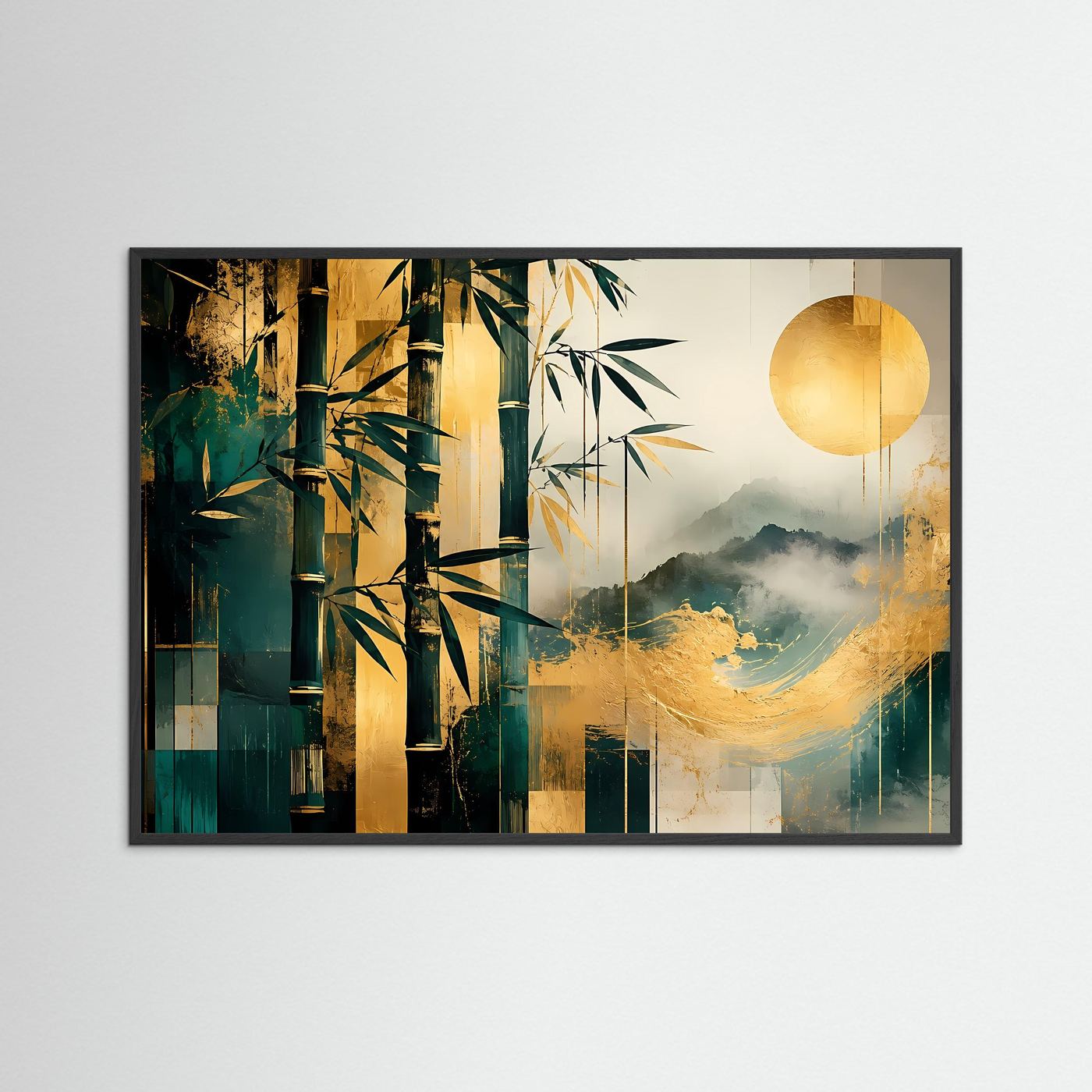 Bambus Gold Poster | Japanische Landschaft Wandbild Modern | Abstrakte Zen Kunst mit Bergen und Sonne