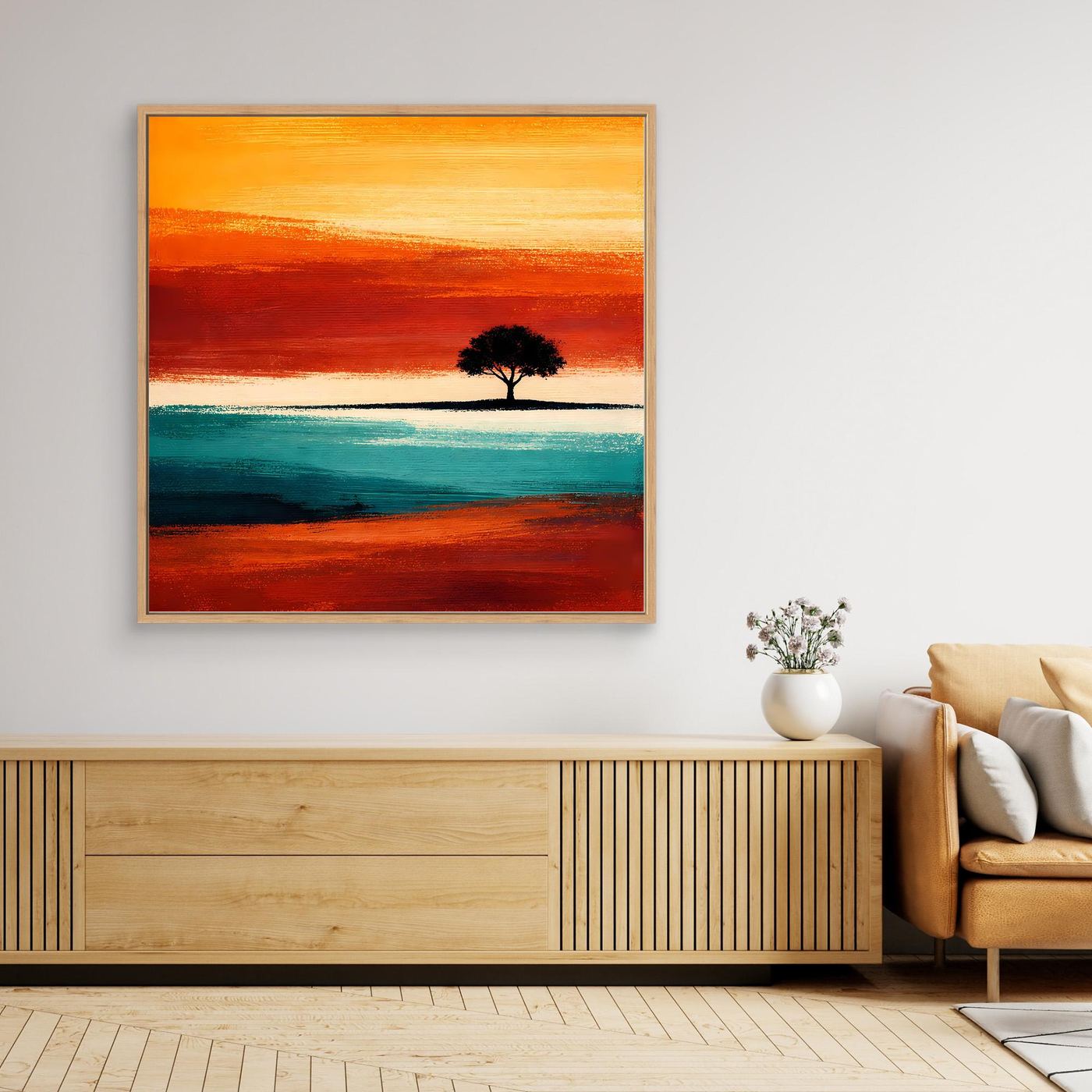 Hochkant gerahmtes Leinwandbild: abstrakter Horizont mit einsamem Baum, Türkis und Orange