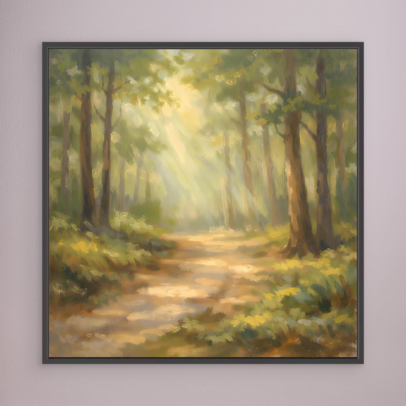 Leinwandbild Waldweg im Sonnenschein, schwarzer Rahmen