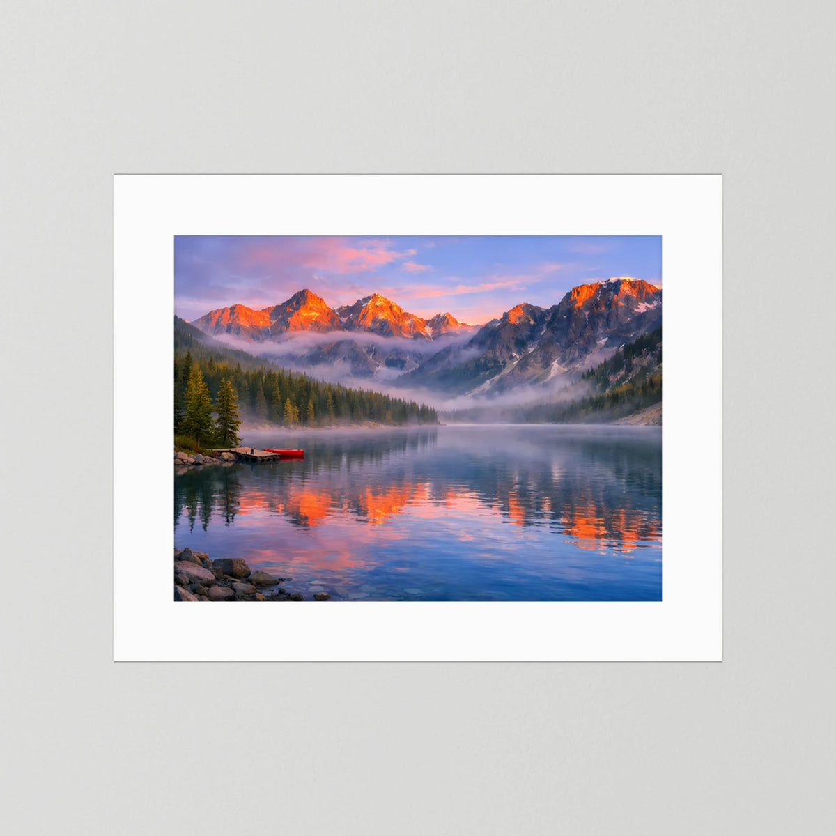 Querformatiges Wandbild mit Alpen-See-Landschaft bei Sonnenuntergang mit weißem Passepartout