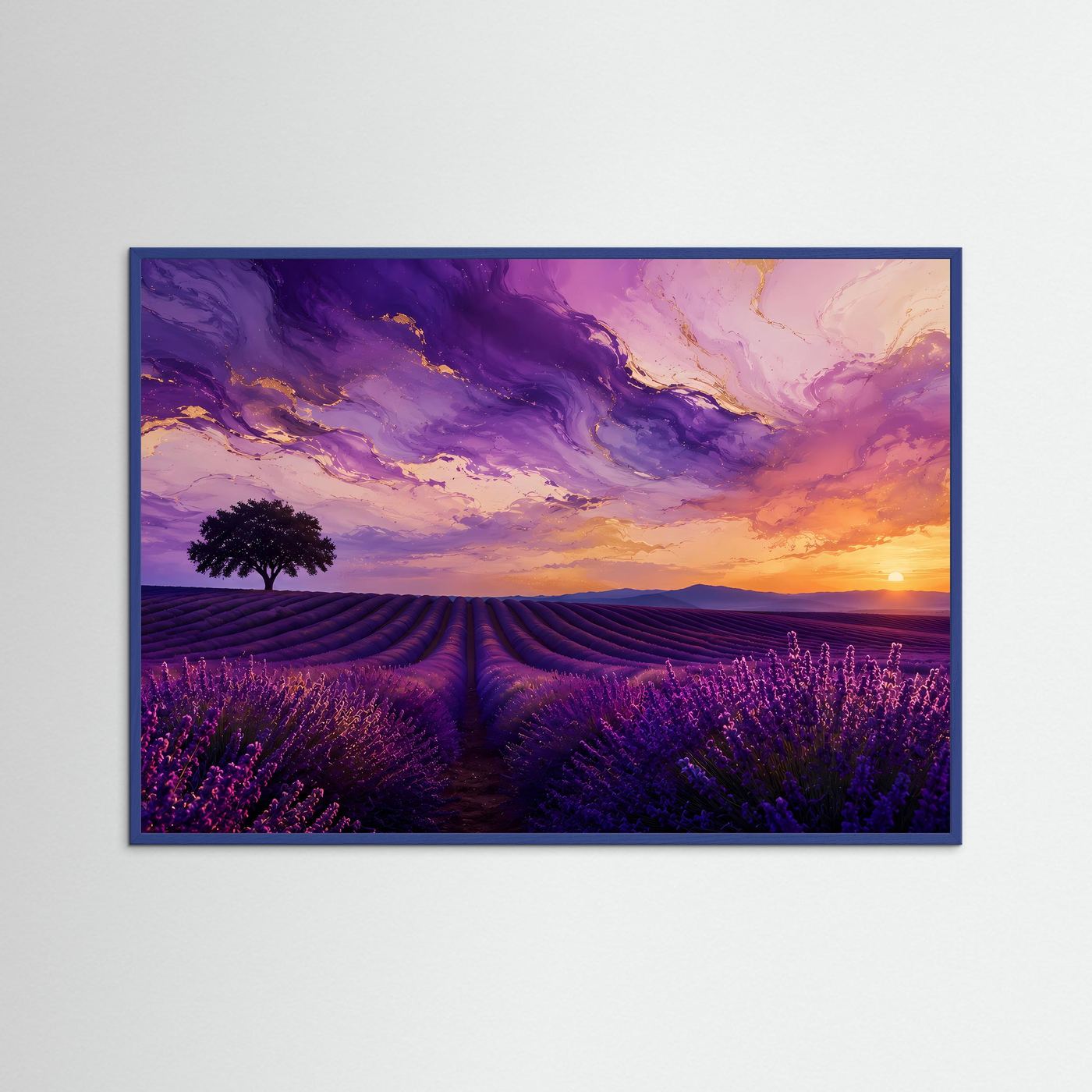 Lavendelfeld Sonnenuntergang Poster Querformat | Provence Landschaft Wandbild | Modernes Lavendel Naturbild in Lila