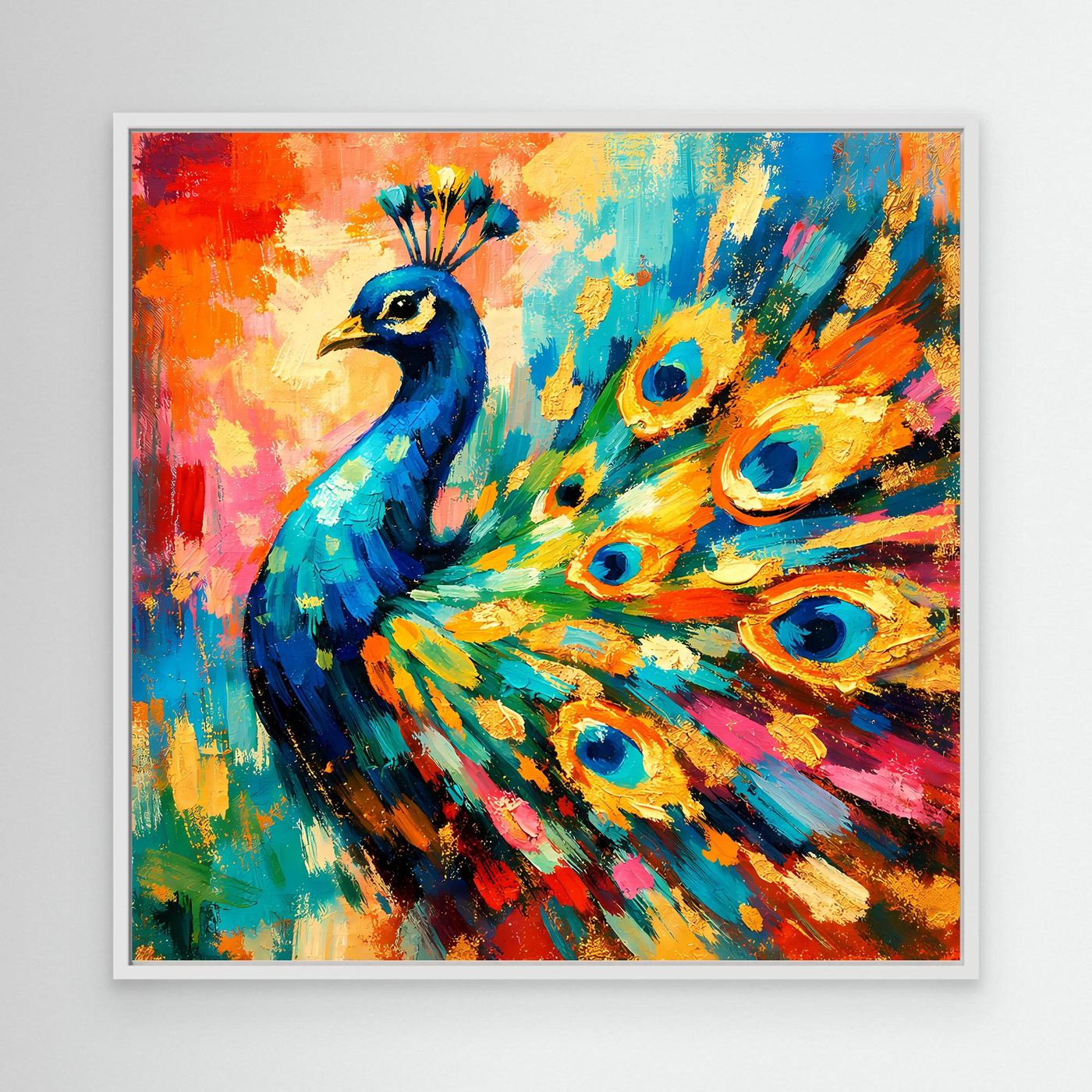 Leinwandbild mit abstraktem Pfau, bunte Pinselstriche, weißer Rahmen