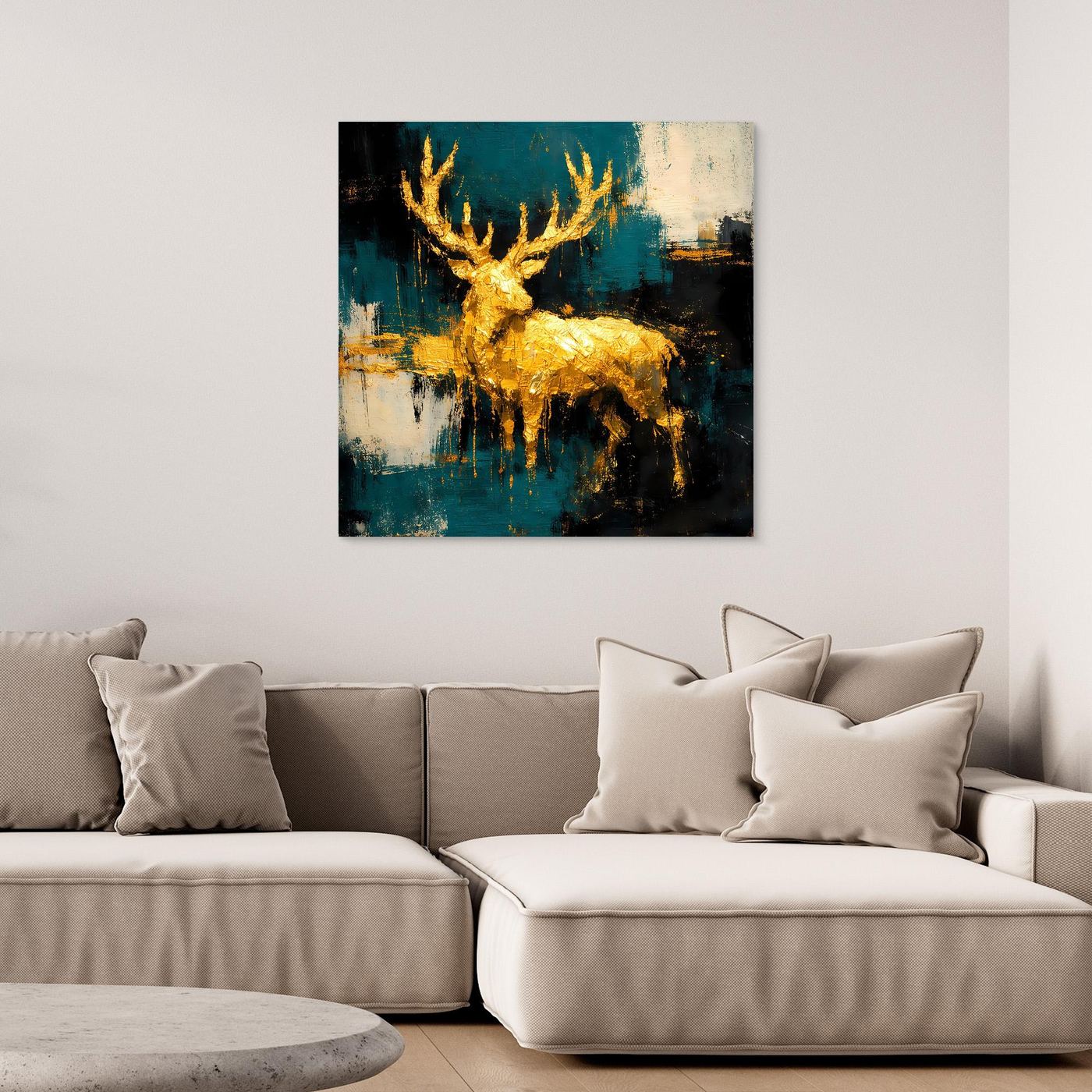 Leinwand Goldener Hirsch in abstrakter Landschaft | Modernes Edel-Tier Wandbild