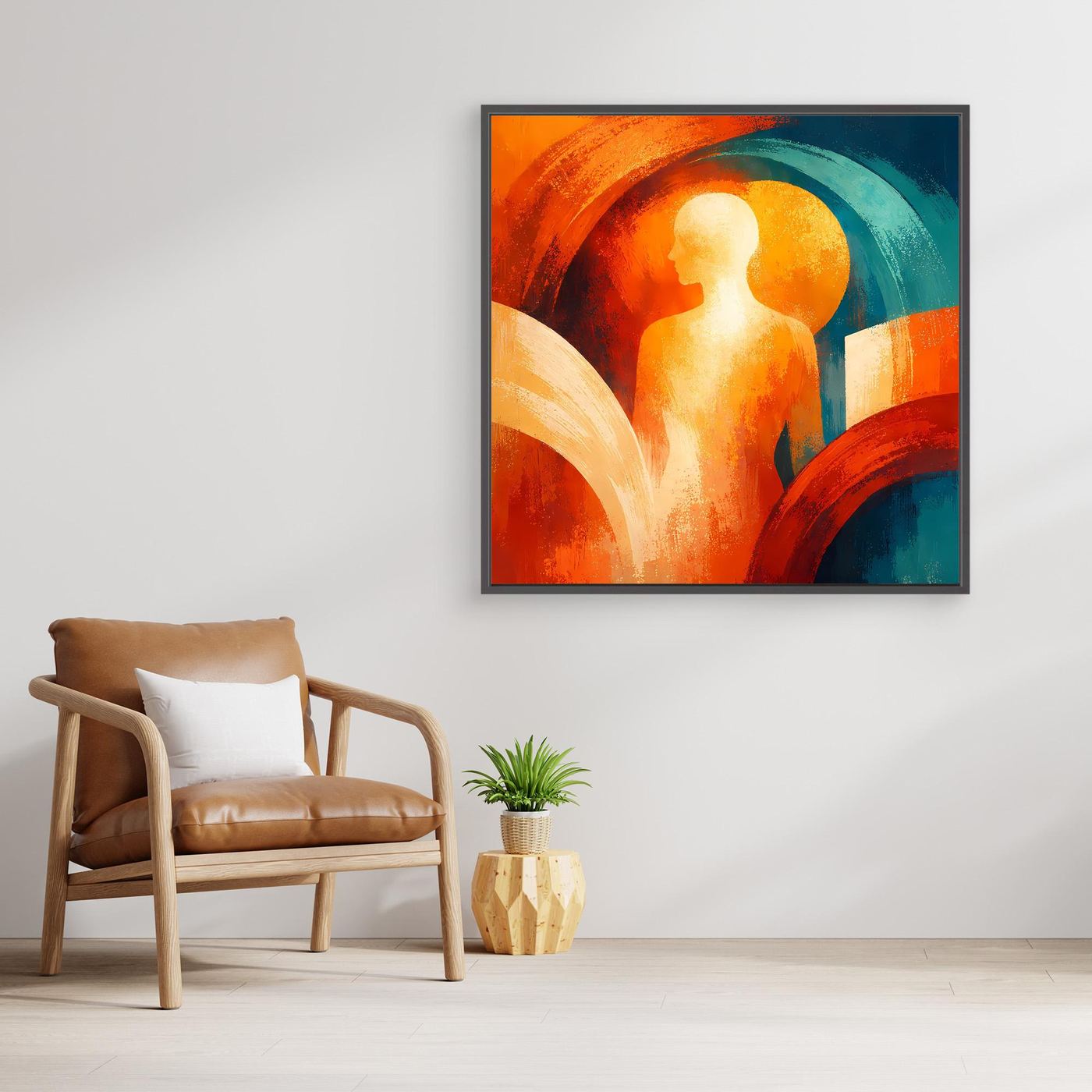 Abstraktes Wandbild: Silhouette mit farbiger Kreisfläche und bogenförmigen Elementen in Blau und Orange