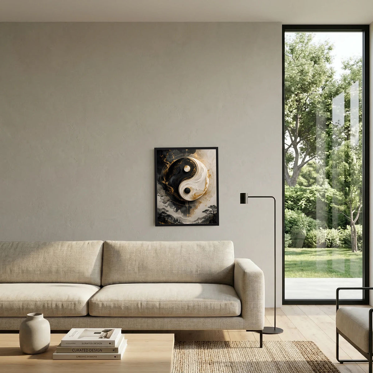 Gerahmtes Yin-Yang-Poster in Schwarz und Gold an der Wand, Berglandschaft sichtbar
