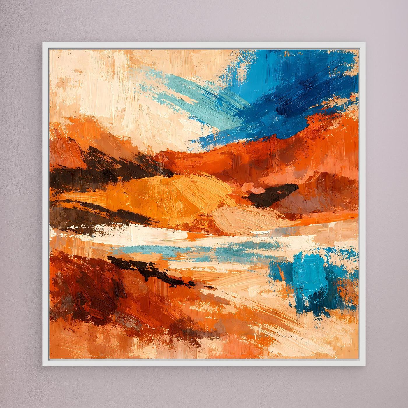 Wandbild mit abstraktem Canyon-Motiv, orange und blau, weiß gerahmt