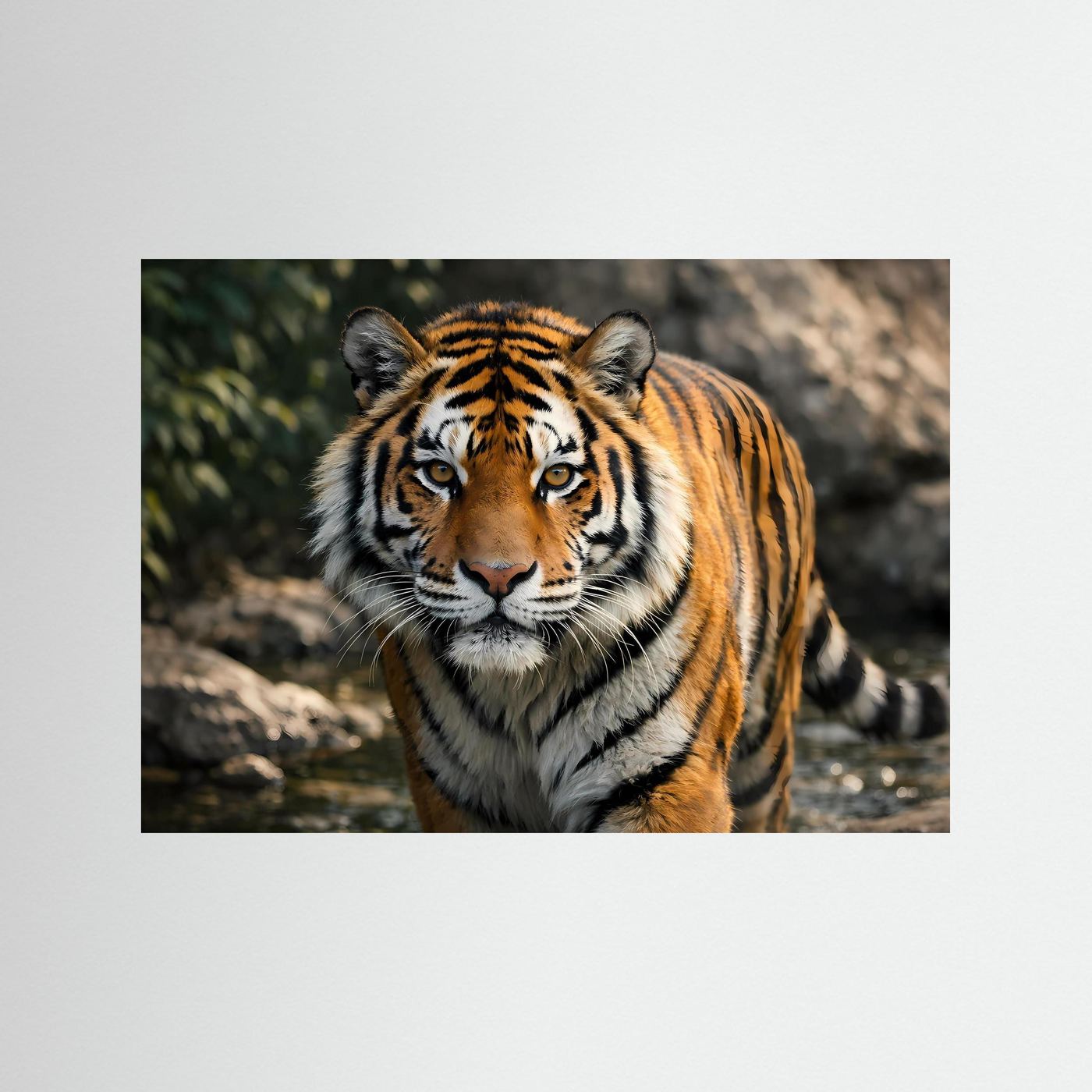 Tiger-Wandbild im Querformat: Nahaufnahme eines gestreiften Tigers im Dschungel
