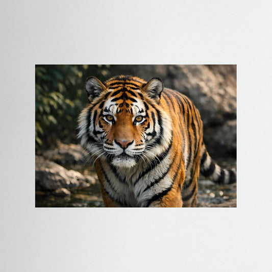 Tiger-Wandbild im Querformat: Nahaufnahme eines gestreiften Tigers im Dschungel