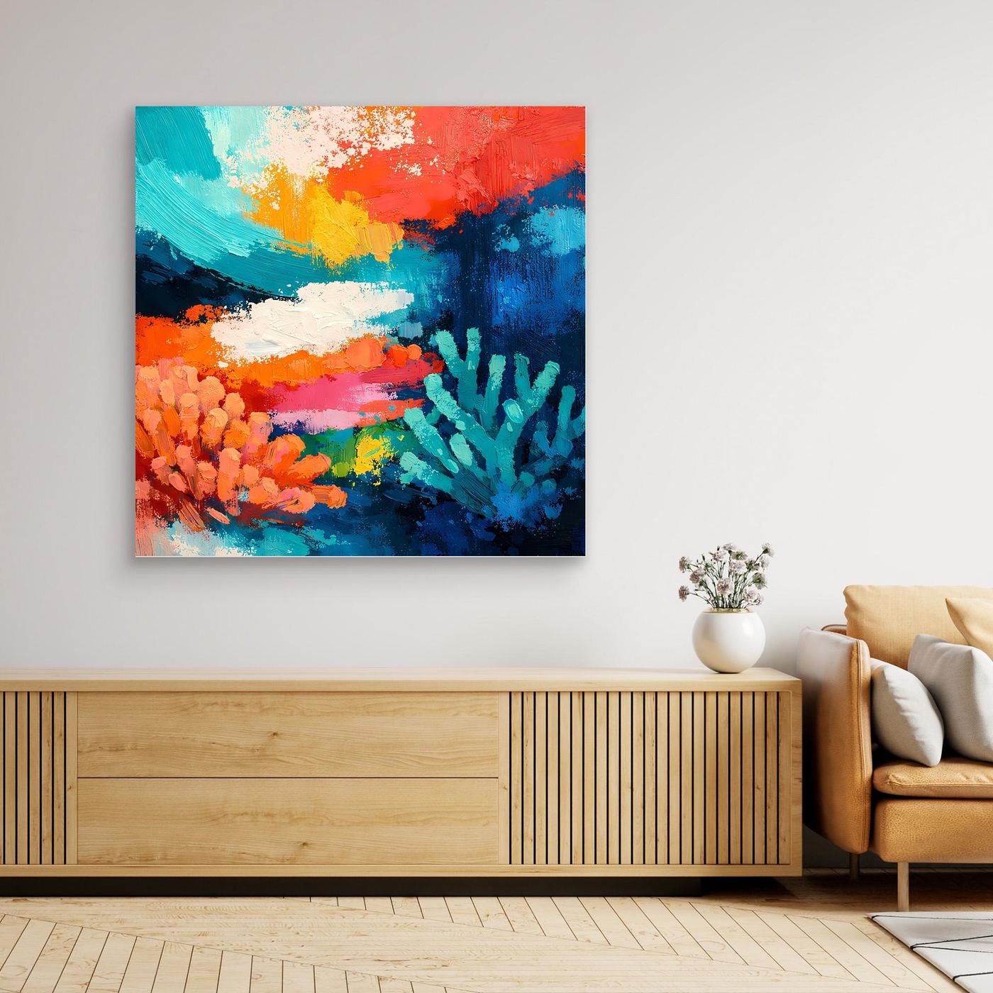 Abstraktes Leinwand-Wandbild mit Korallenriff-Motiv in Blau, Orange und Grün, ohne klar sichtbaren Rahmen