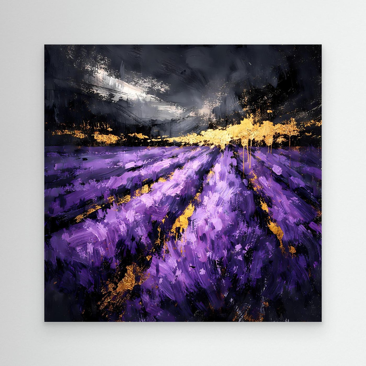 Leinwand Abstraktes Lavendelfeld in Lila und Gold | Modernes Natur Landschafts Wandbild