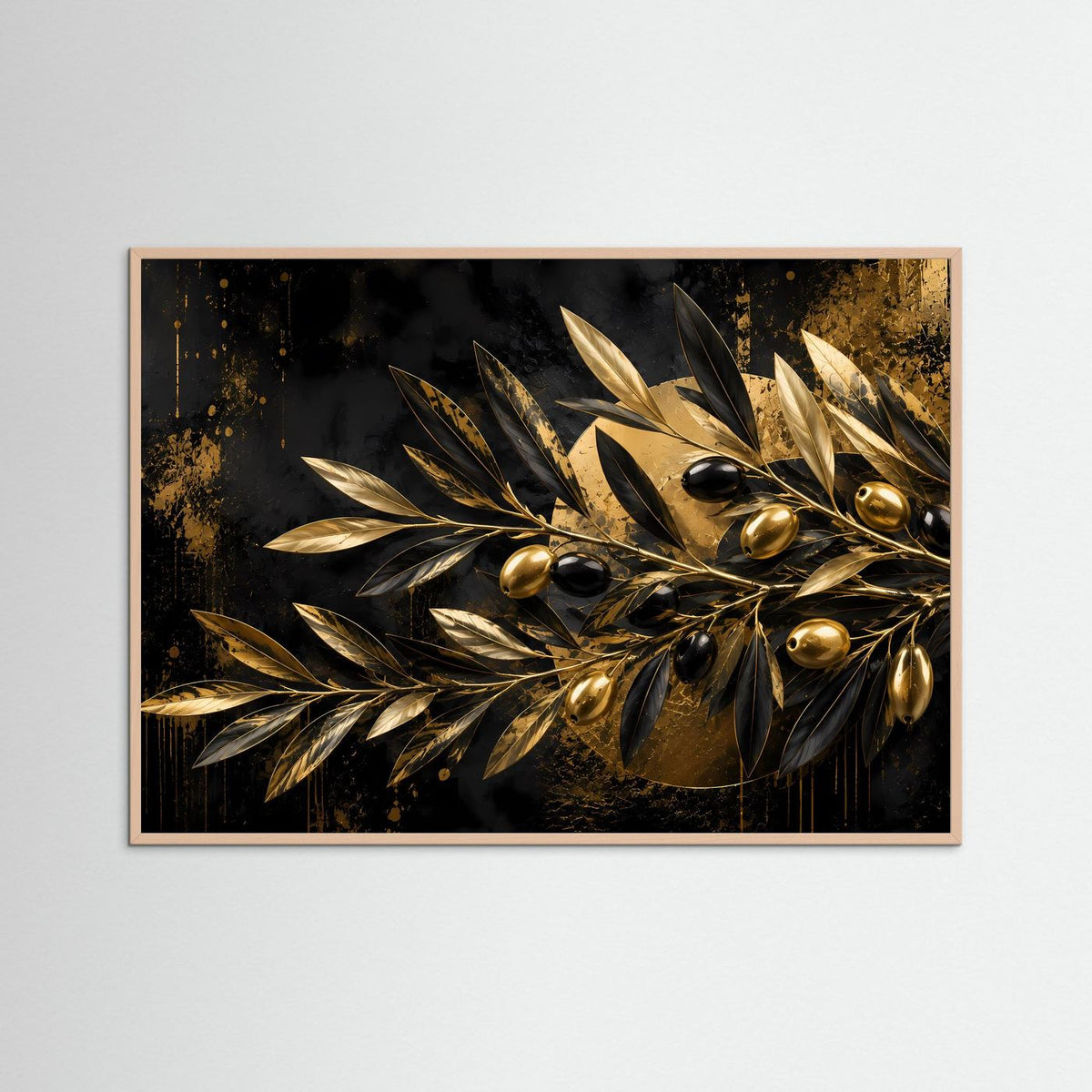 Abstraktes Poster mit goldenem Olivenzweig auf dunklem Hintergrund im rosafarbenen Holzrahmen
