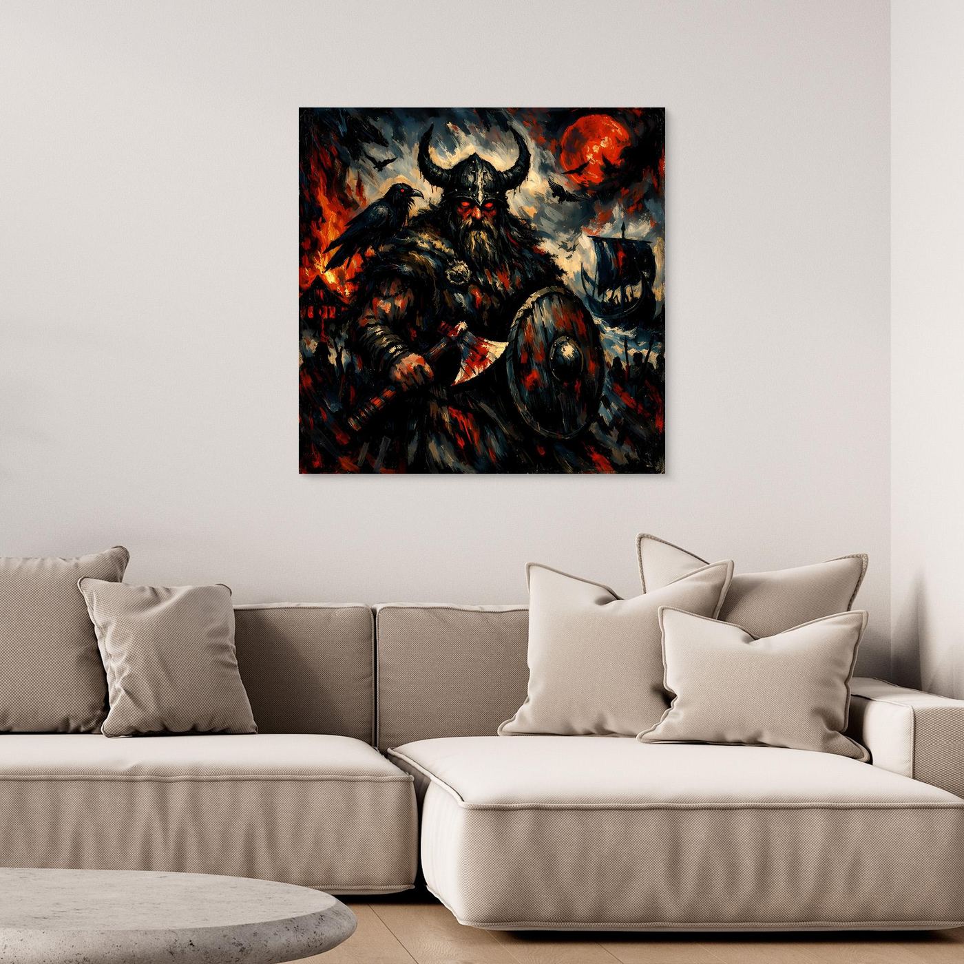 Leinwand Düsterer Wikinger-Krieger unter dem Blutmond | Expressives Nordmann Wandbild