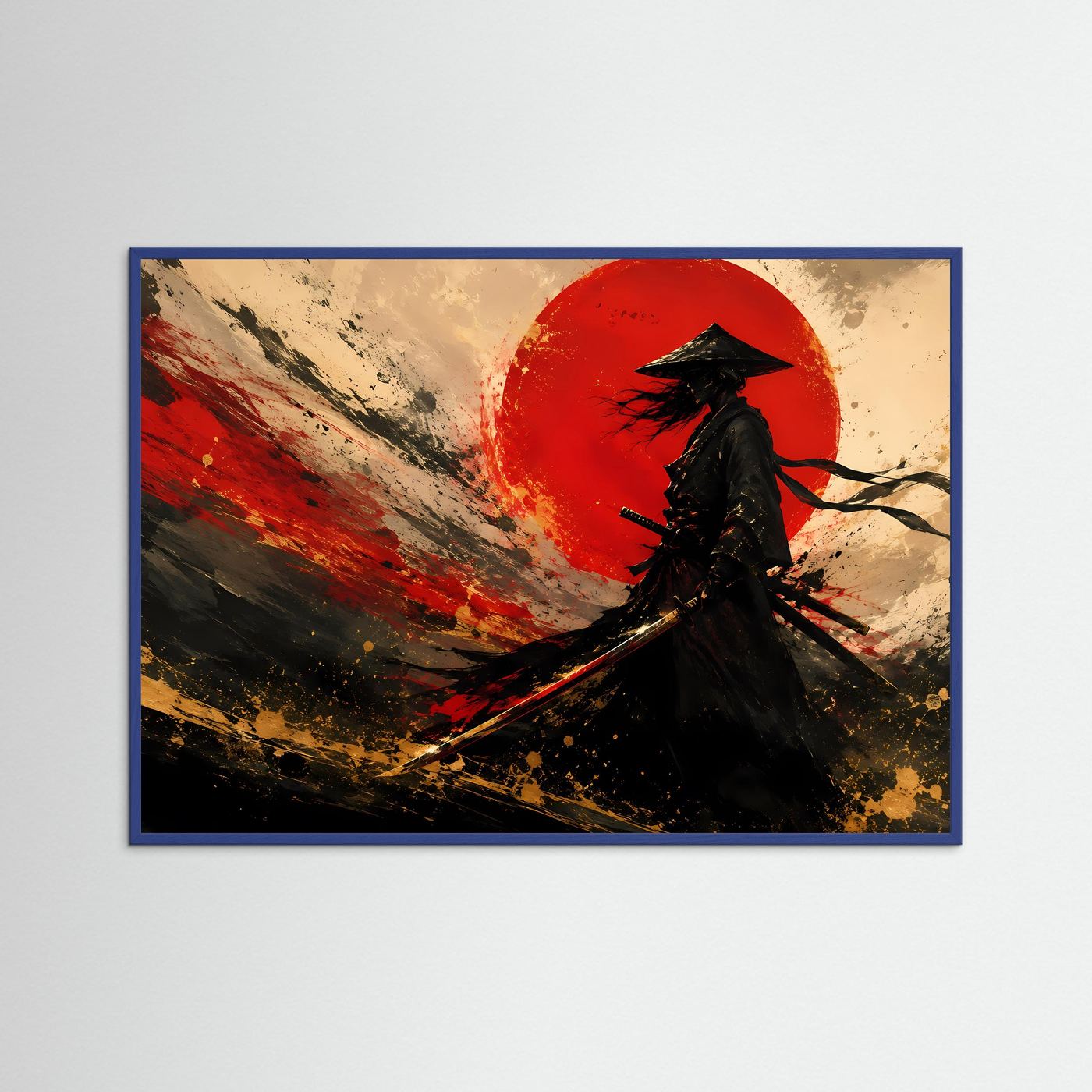 Samurai vor der Roten Sonne | Abstrakte Japanische Wandkunst in Schwarz, Gold & Rot
