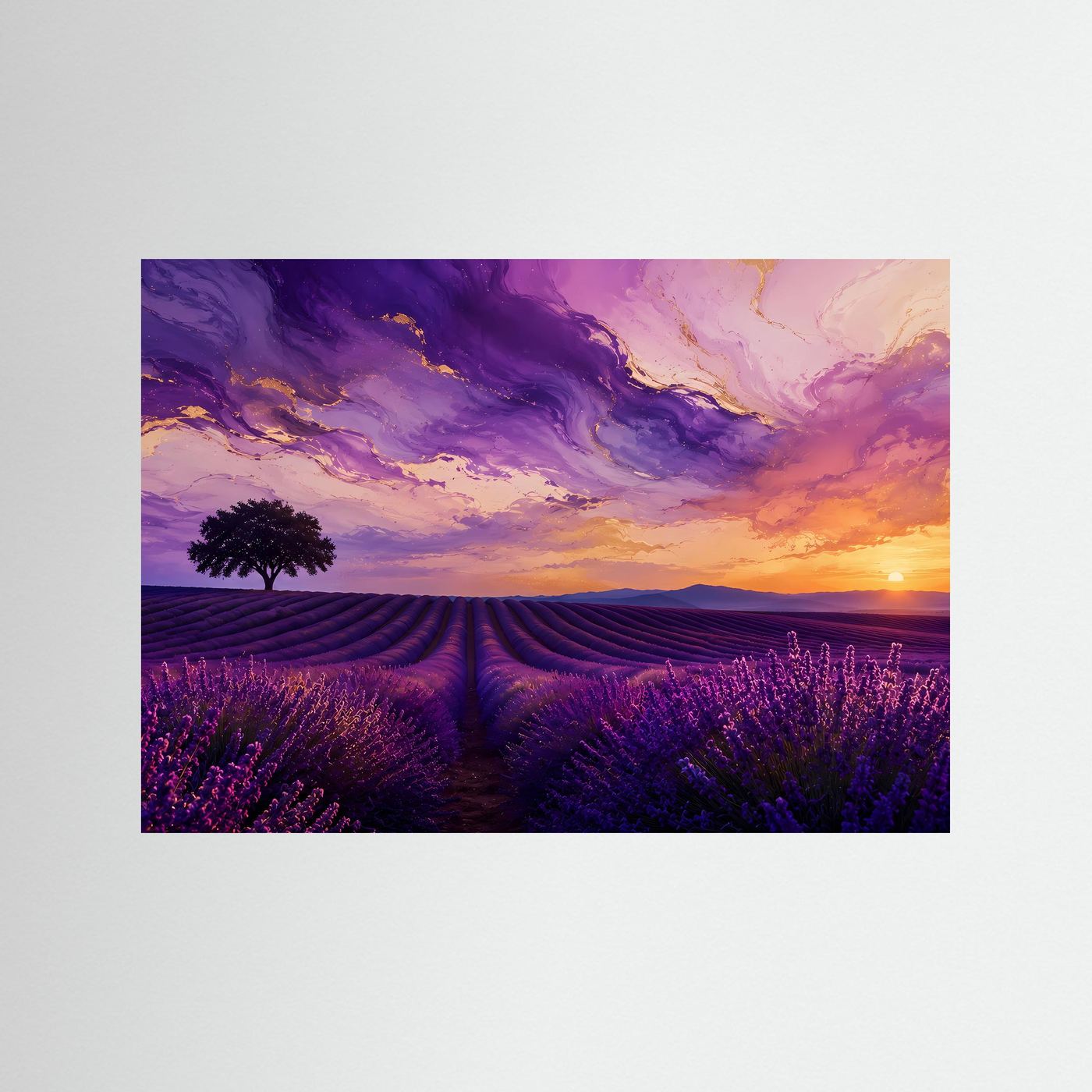 Lavendelfeld Sonnenuntergang Poster Querformat | Provence Landschaft Wandbild | Modernes Lavendel Naturbild in Lila