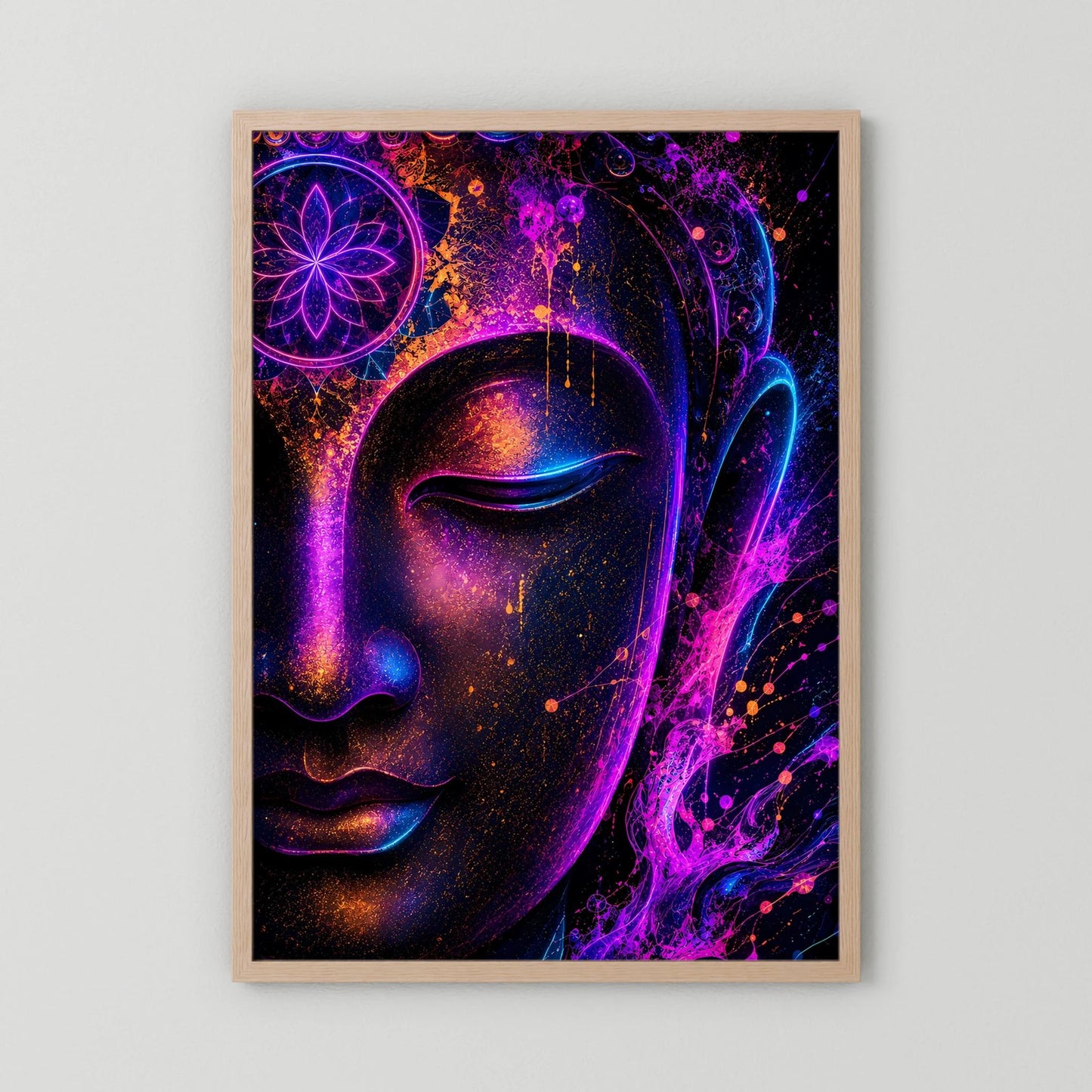 Neon-Buddha-Poster mit hellem Holzrahmen, Buddha-Gesicht in Pink und Blau